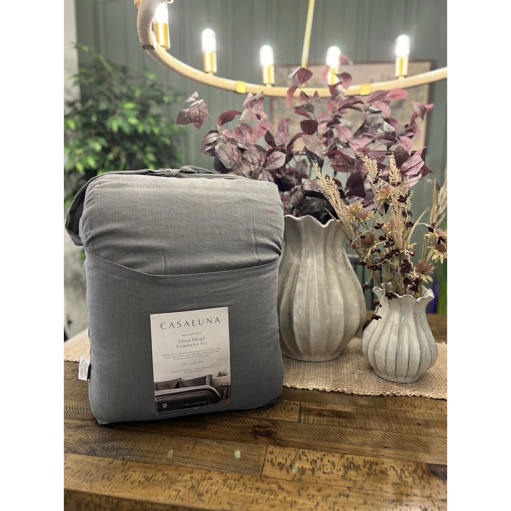 Full/Queen Heavyweight Linen Blend Comforter & Sham Set Dark Gray - Casaluna NEW